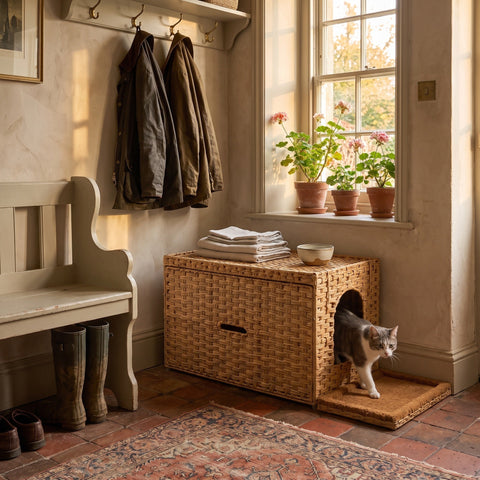 Wicker Rattan Litter Box Enclosure with Flip-Top Lid and Tall Doorway