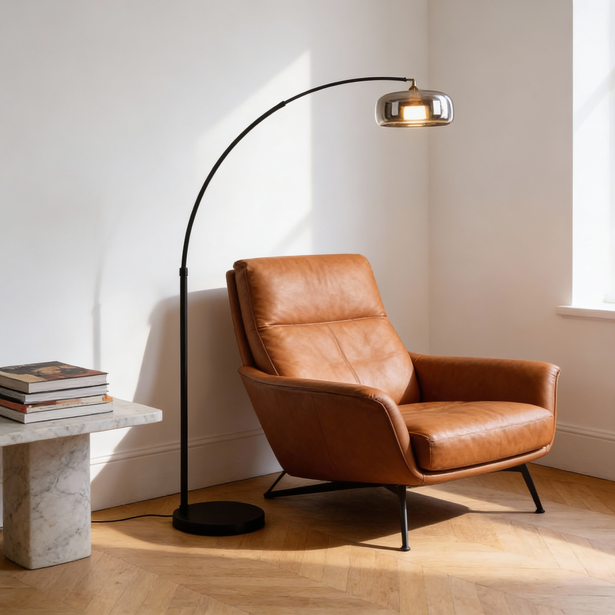 Tava | Modern Black Arc Floor Lamp with Glass Shade for Living Room 1