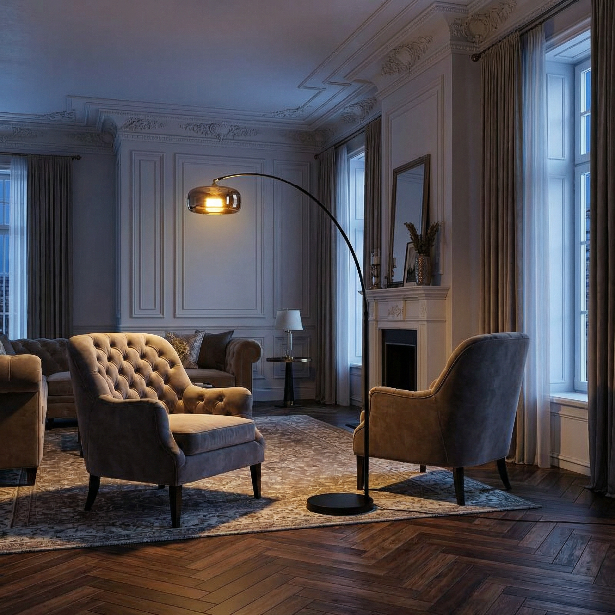 Tava | Modern Black Arc Floor Lamp with Glass Shade for Living Room 4