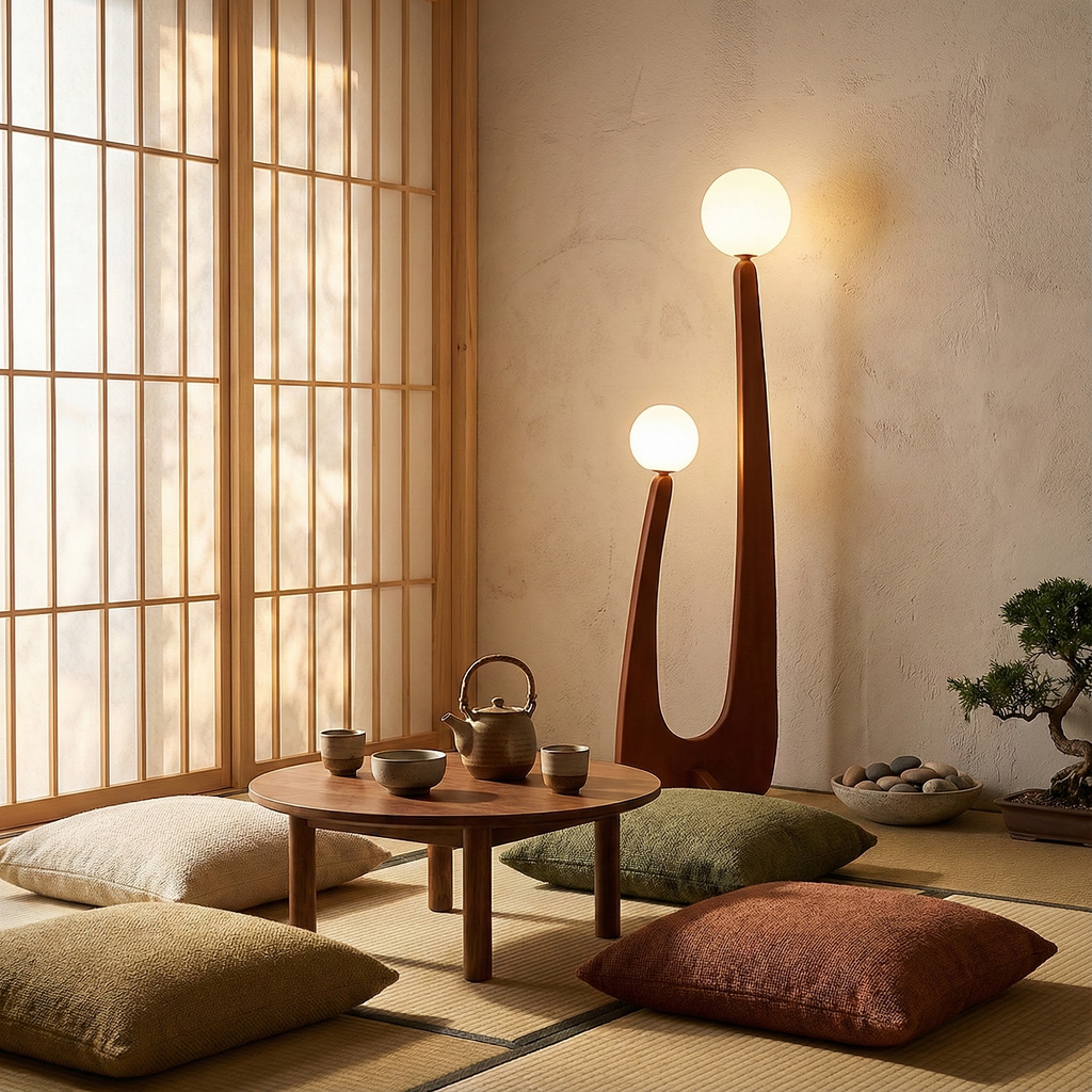 VeroWood | Stylish Curved Wooden Modern Floor Lamp with Glass Globes 7
