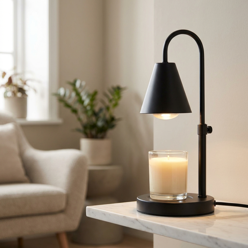 Lumio candle warmer lamp melting a cream candle on a marble shelf