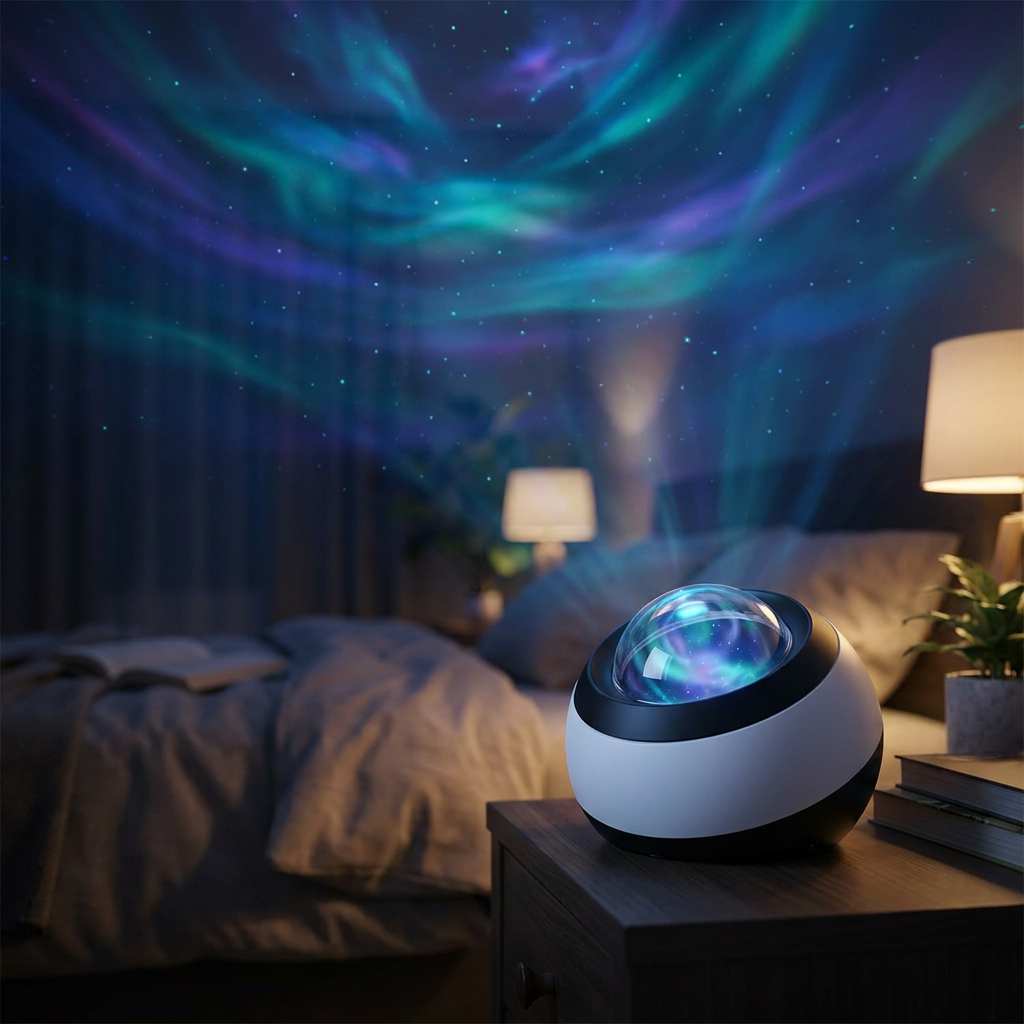 Nova galaxy star projector casting aurora light in a bedroom