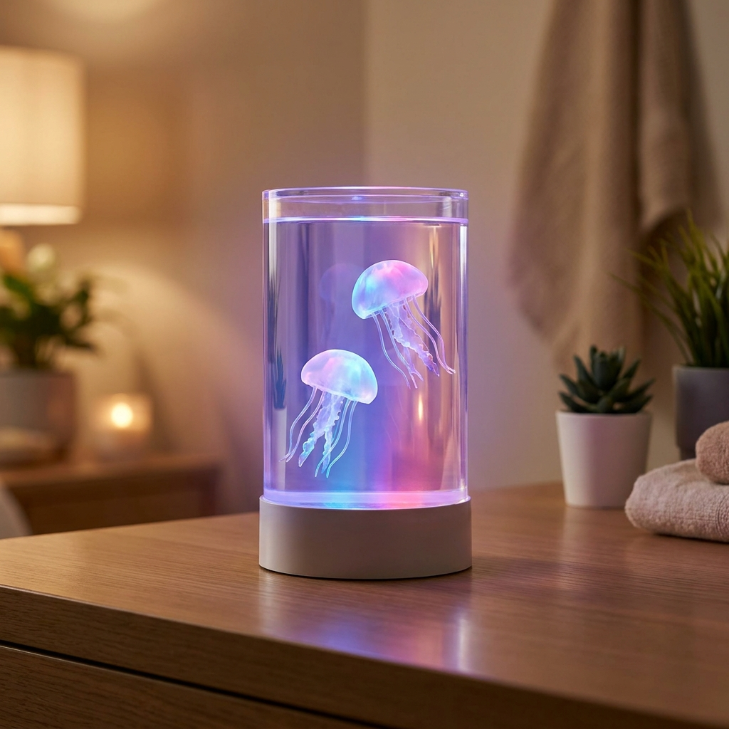 Aura Drift jellyfish mood lamp glowing on a modern desk