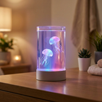 Aura Drift jellyfish mood lamp glowing on a modern desk