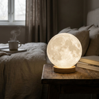 Selene 3D moon lamp glowing on a bedside table