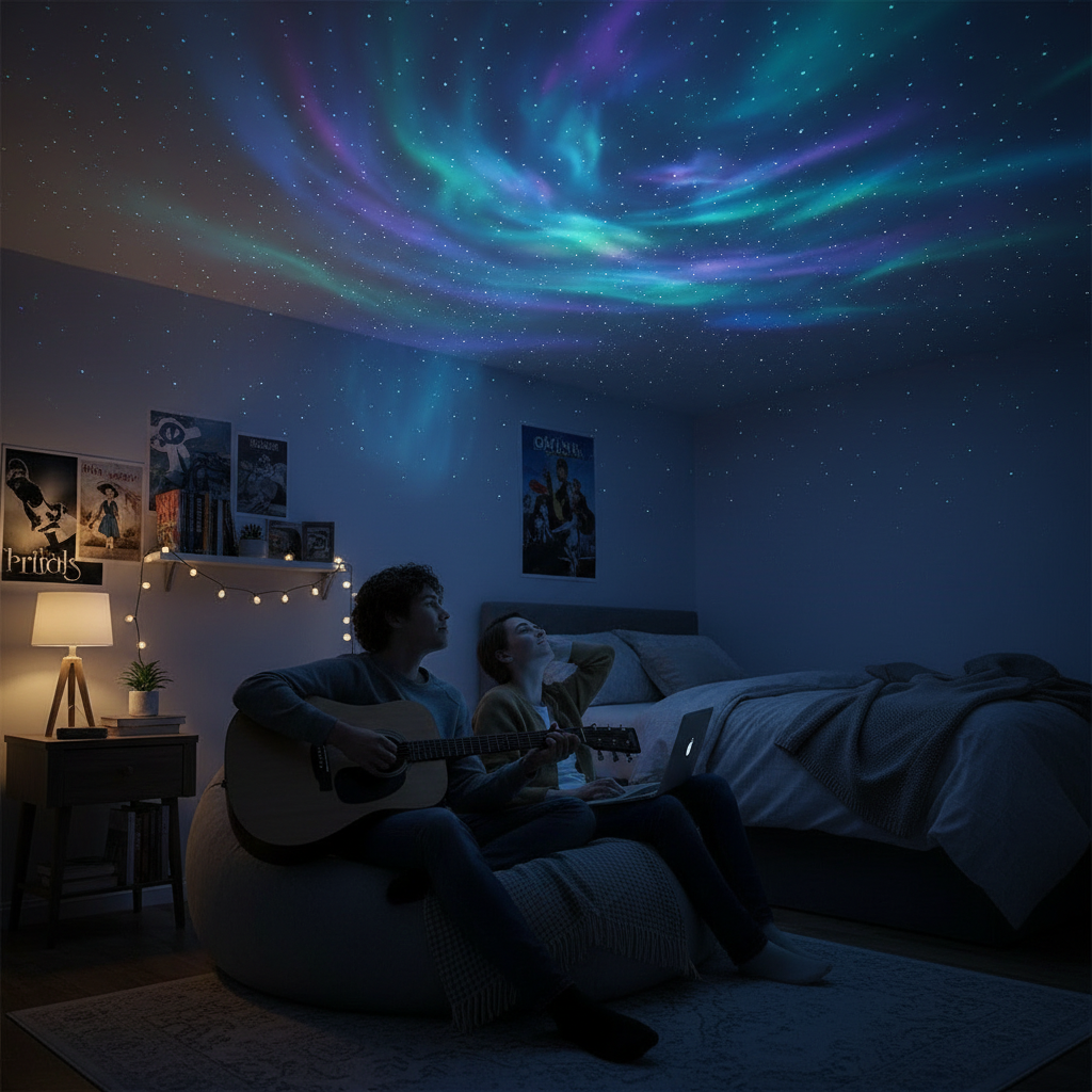Nova galaxy projector lighting up a cozy teen bedroom at night