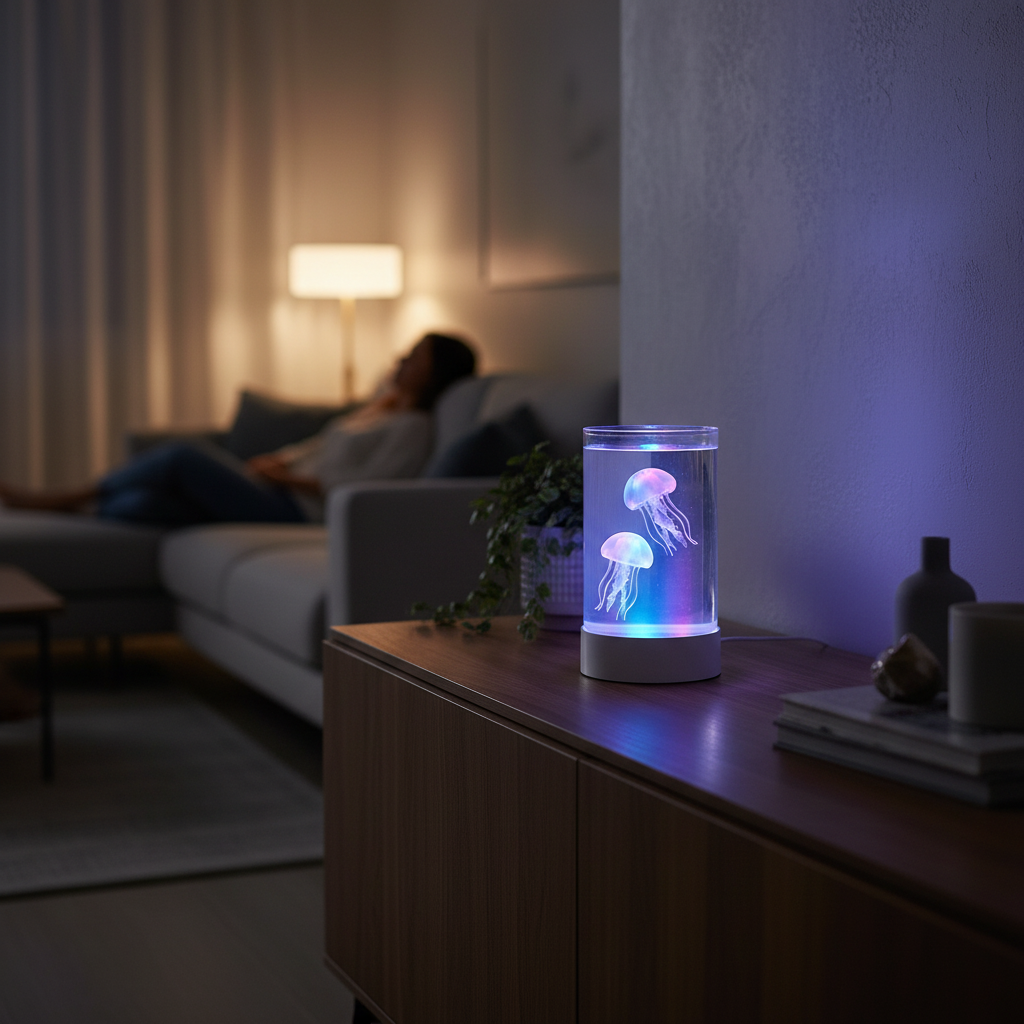 Aura Drift jellyfish lamp casting calming light in a living room