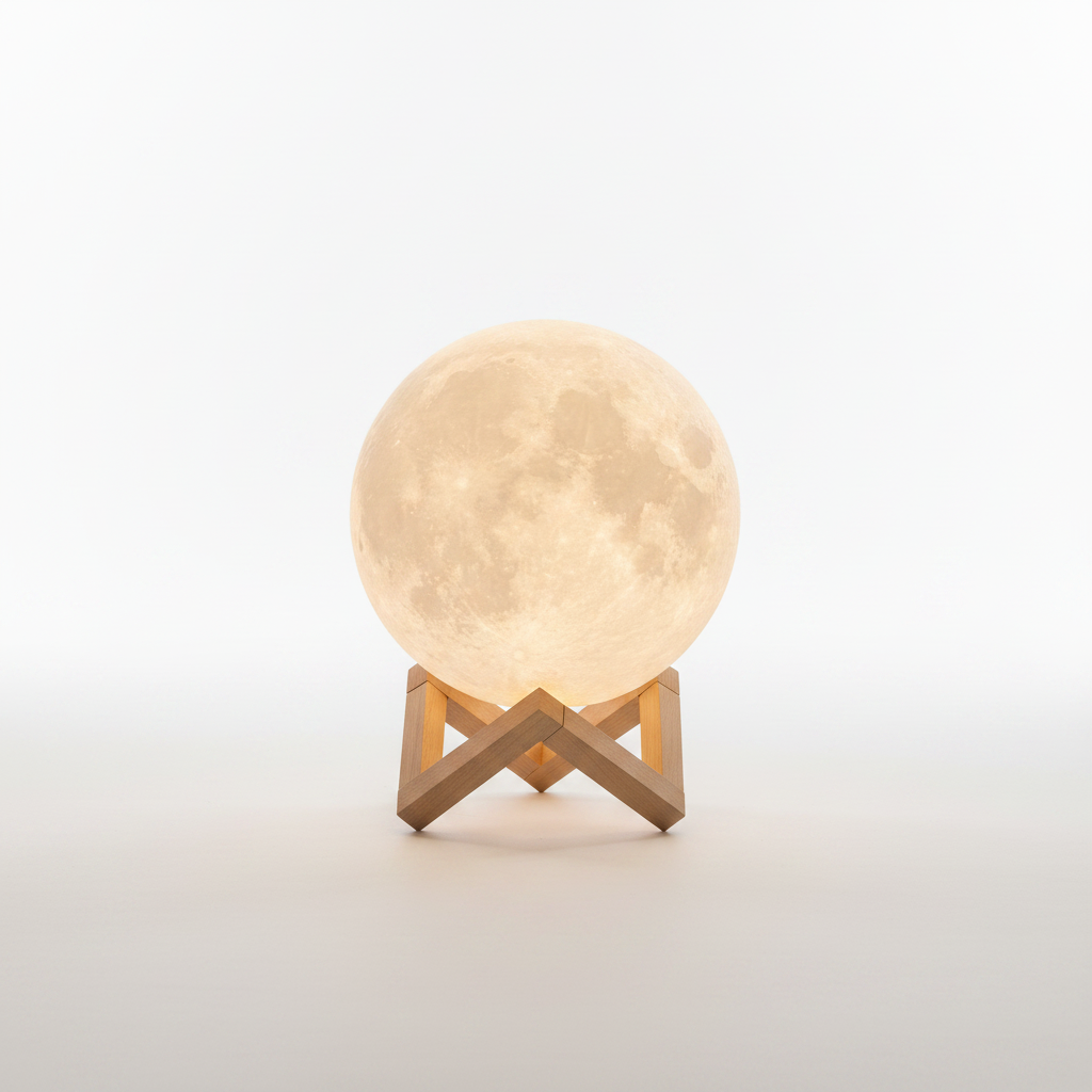 Selene 3D moon lamp on its wooden stand, white background