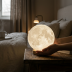 Selene moon lamp held in hands as a gift in a warm room