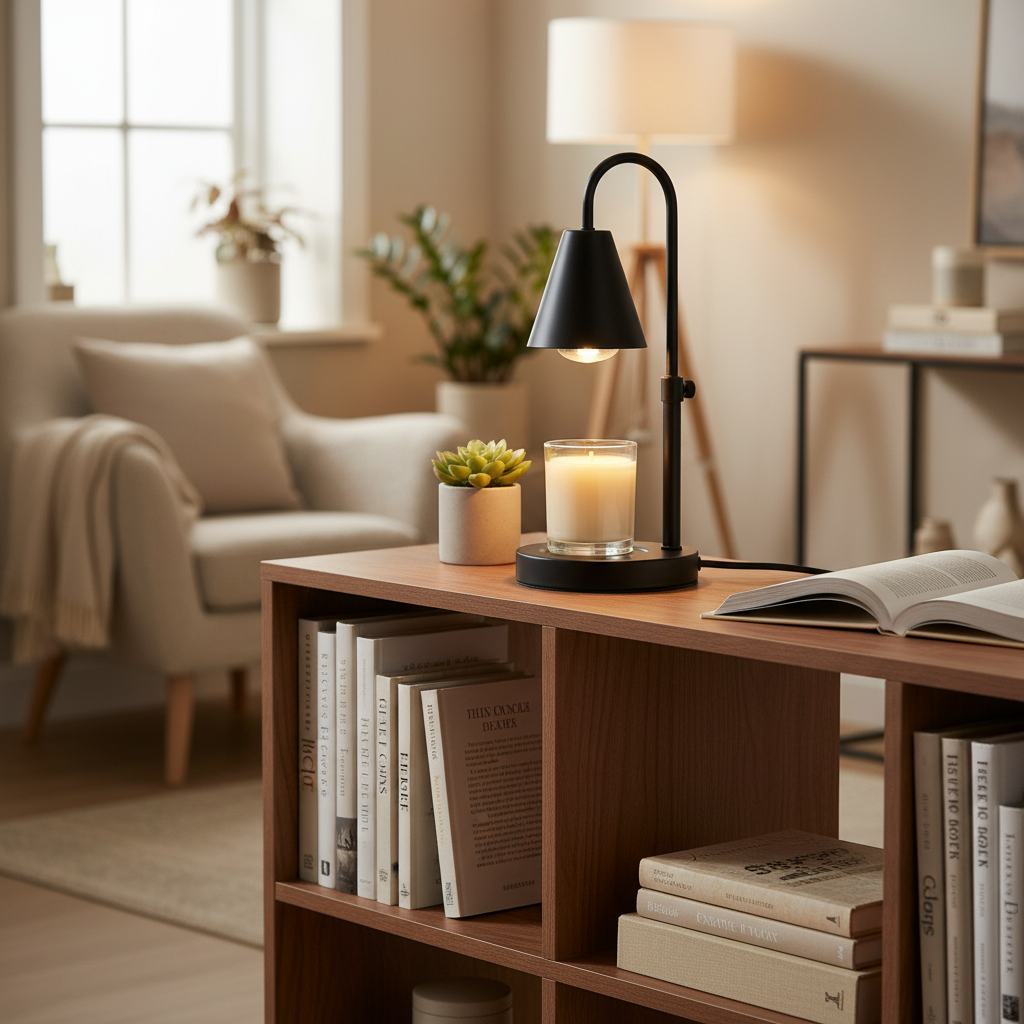 Lumio candle warmer lamp styled on a bookshelf with plants
