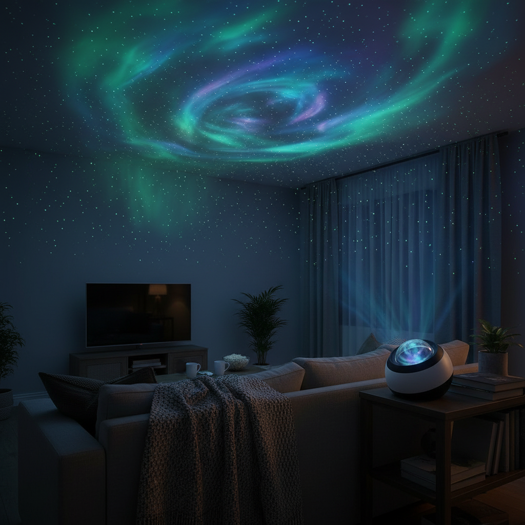 Nova galaxy projector filling a living room ceiling with nebula light