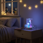 Aura Drift jellyfish lamp glowing on a child's nightstand at night