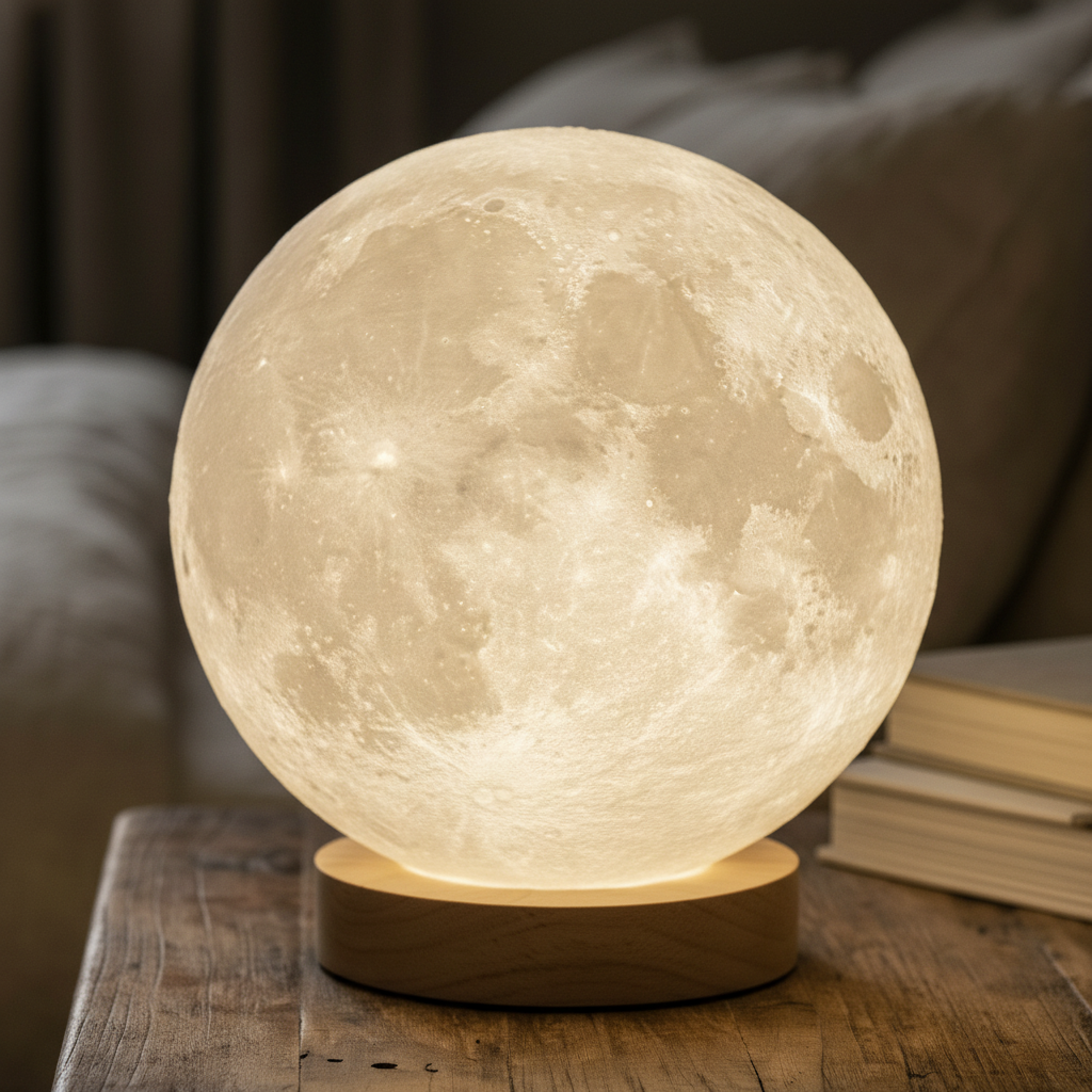 Close-up of Selene moon lamp textured craters glowing warm