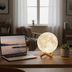 Selene moon lamp glowing on a cozy desk next to a laptop
