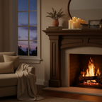 Nimbus flameless candles glowing on a living room mantel