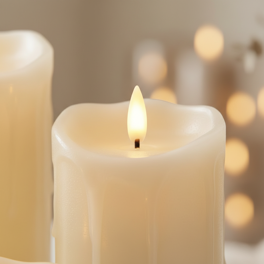Close-up of realistic LED flame and wax texture