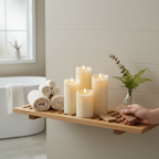 Nimbus candles on a spa shelf with remote control