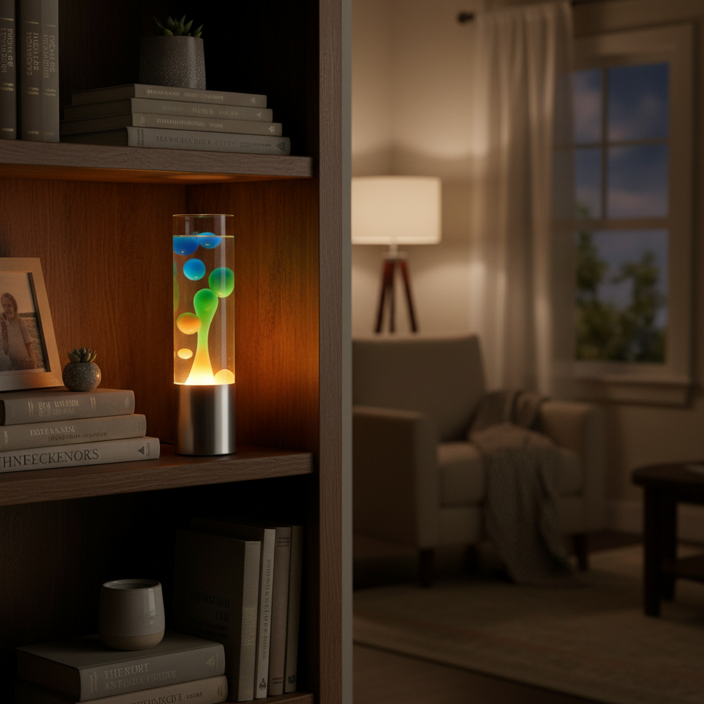 Drift lamp glowing on a living room bookshelf