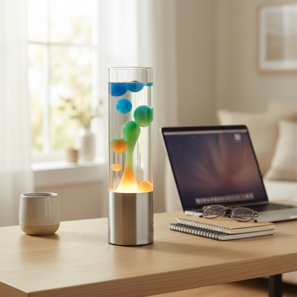 Drift lamp on an office desk beside a laptop