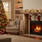 Christmas village set glowing warmly on a decorated mantel