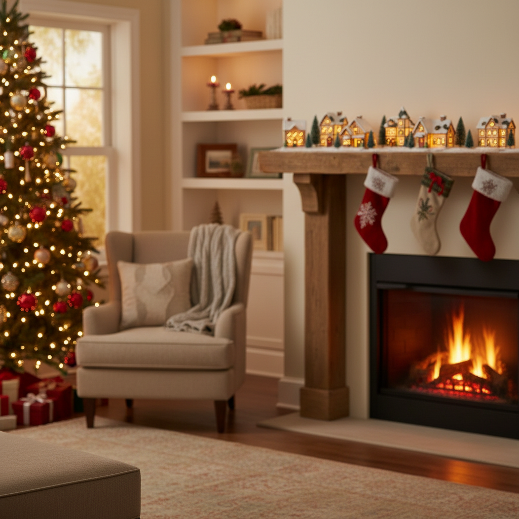 Christmas village set glowing warmly on a decorated mantel