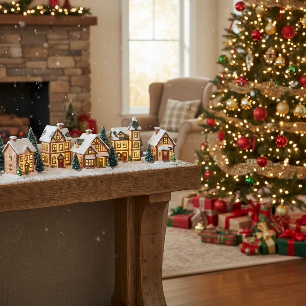 Lighted village set displayed on a console table near a Christmas tree