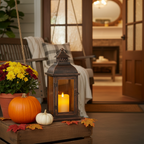 Lantern glowing on a front porch with pumpkins and mums