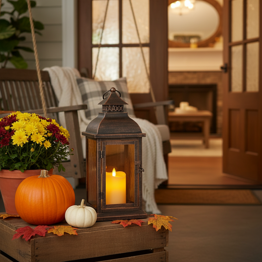 Lantern glowing on a front porch with pumpkins and mums