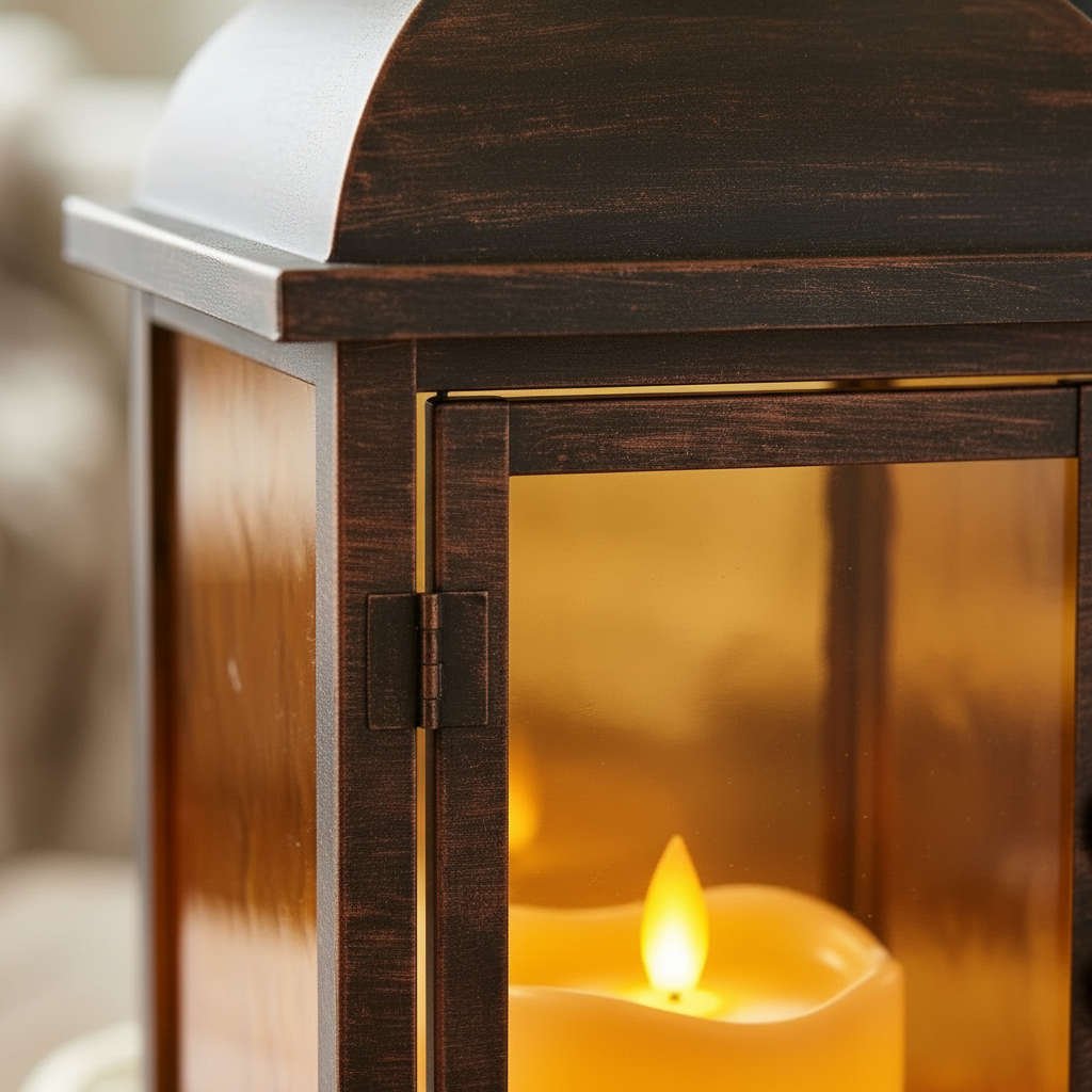 Close-up of the realistic flickering LED candle inside the lantern