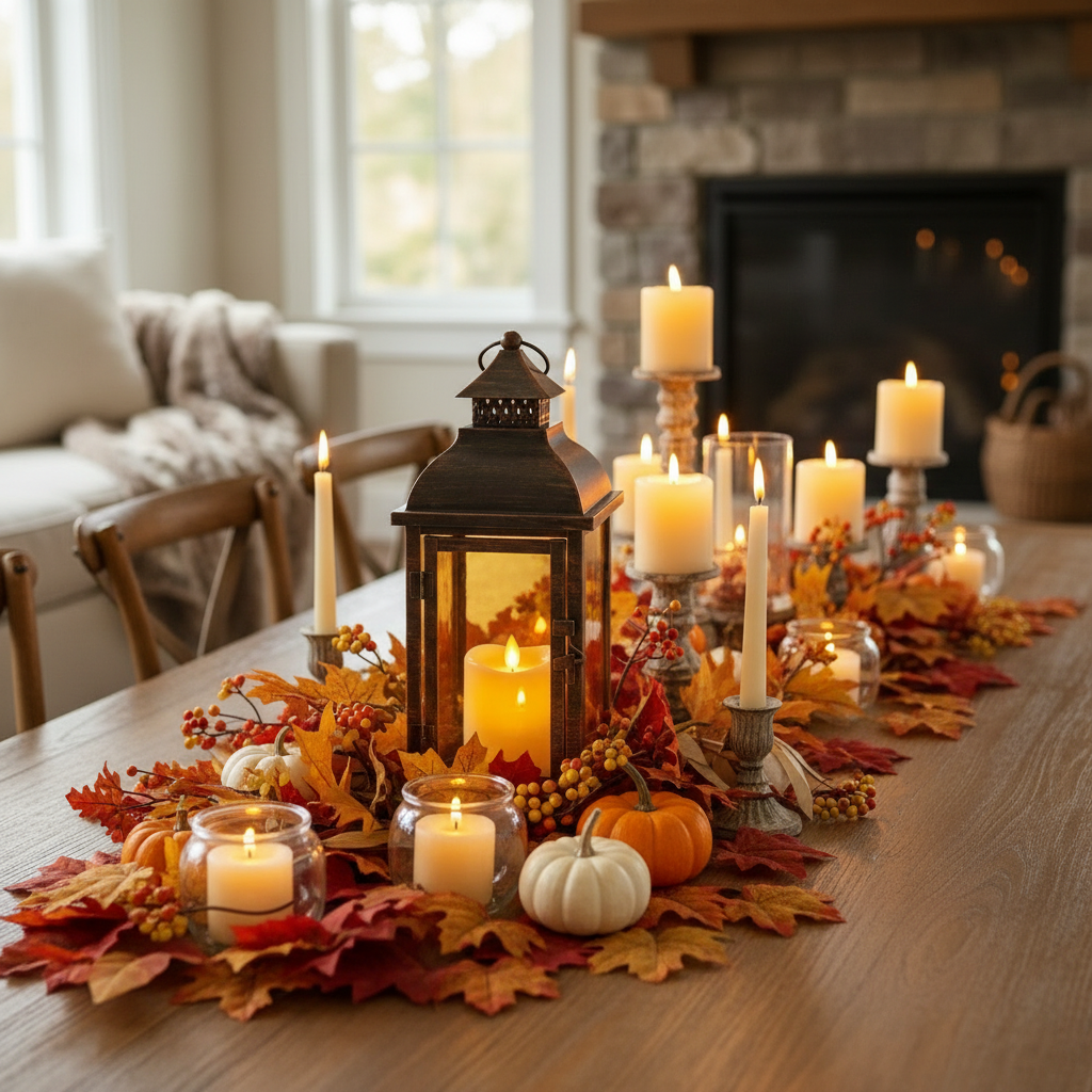 Fall lantern used as an autumn dining table centerpiece