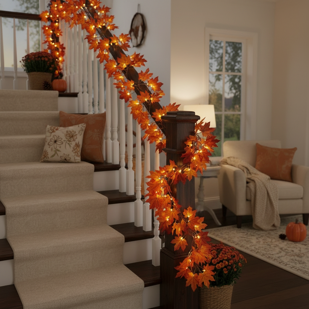 Lighted maple garland draped along a staircase banister