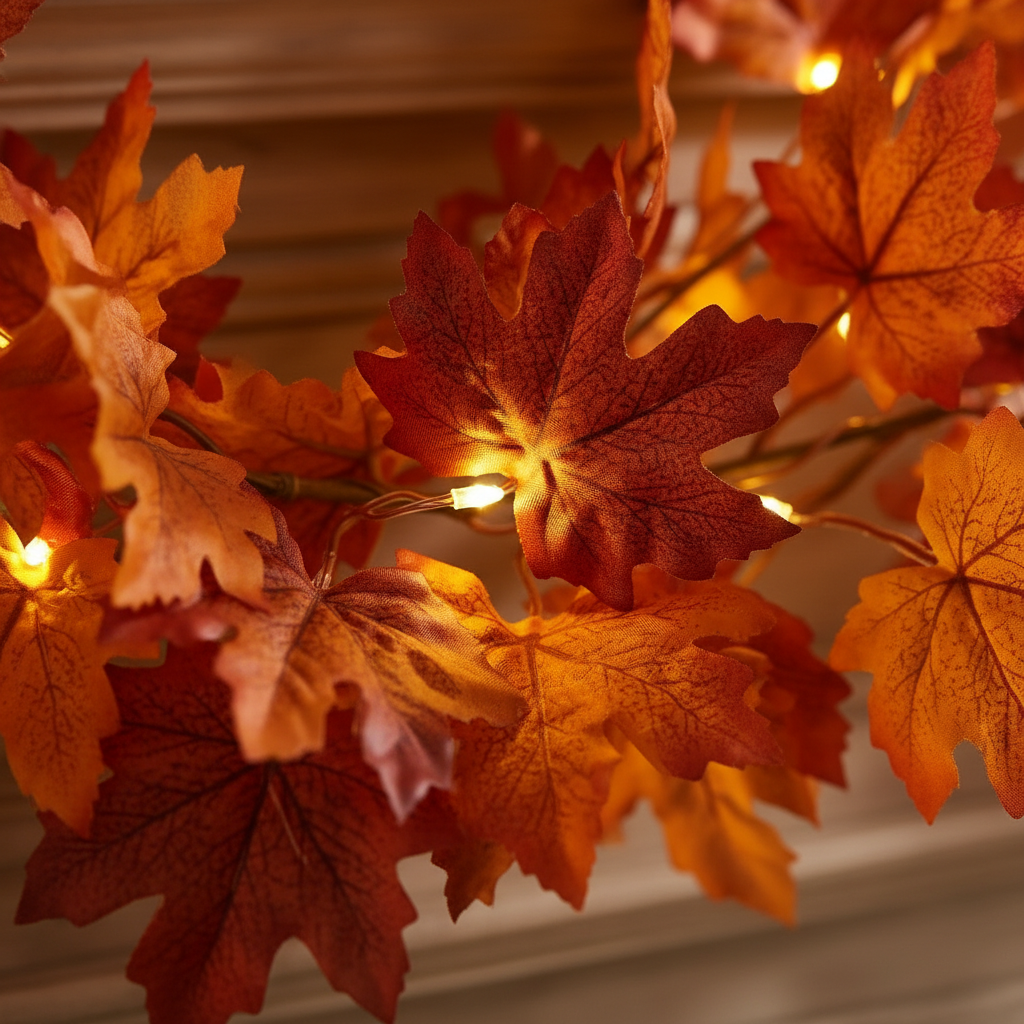 Close-up of warm white LED among realistic maple leaves