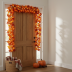 Maple garland framing a front doorway with fall decor