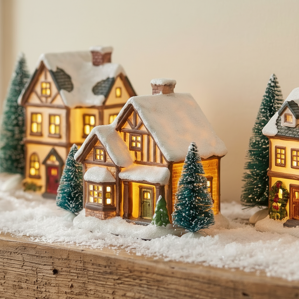 Close-up of one glowing ceramic village house with lit windows and snowy roof
