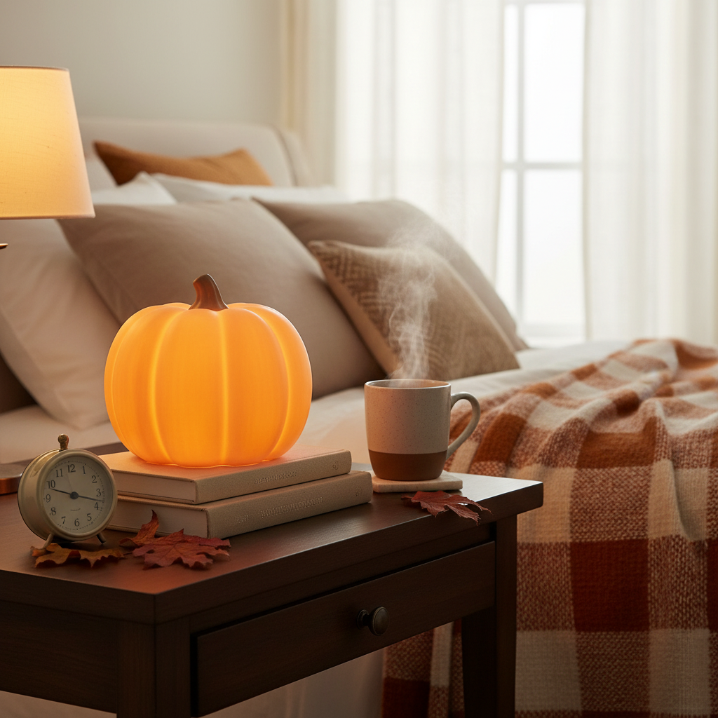 Jack Glow Pumpkin Night Light on a cozy bedside table