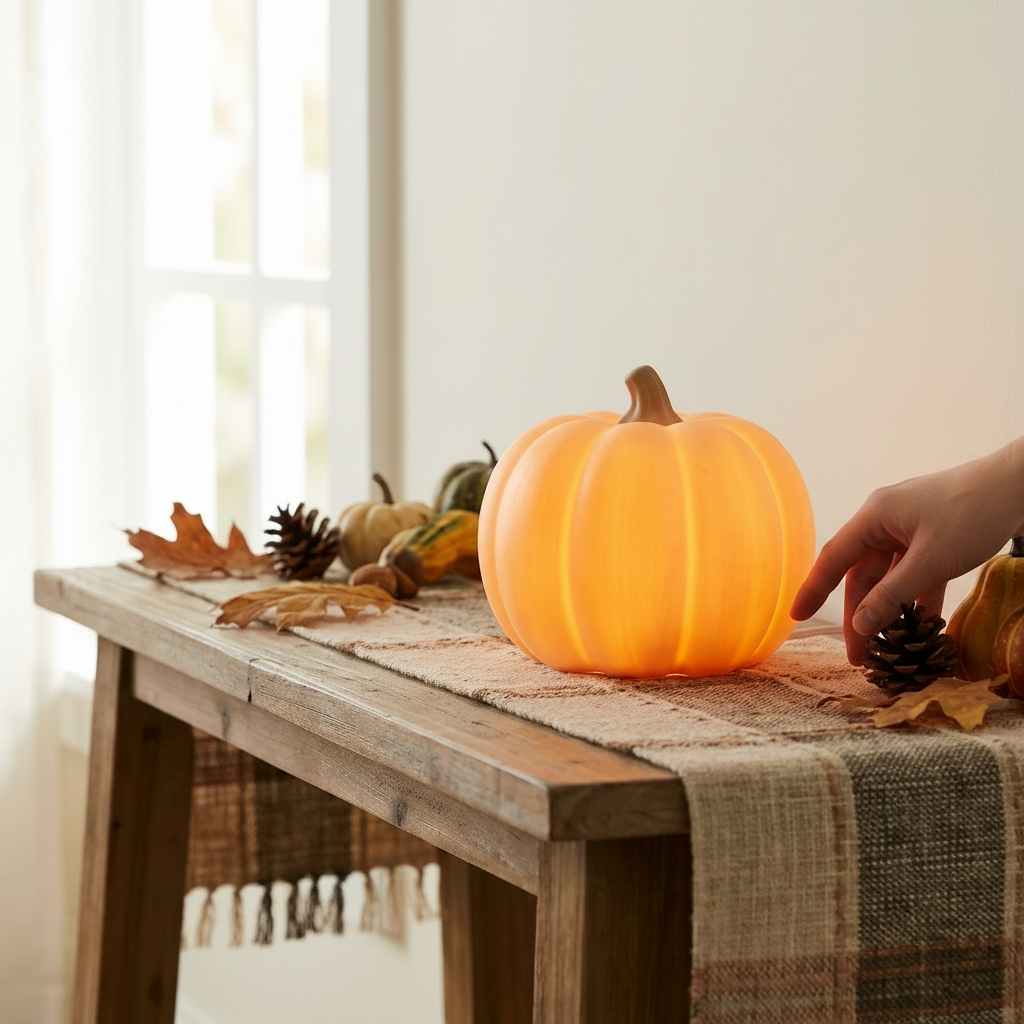 Jack Glow Pumpkin Night Light on a fall decorated shelf