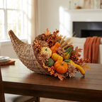 Cornucopia Harvest Centerpiece with mini pumpkins and fall foliage