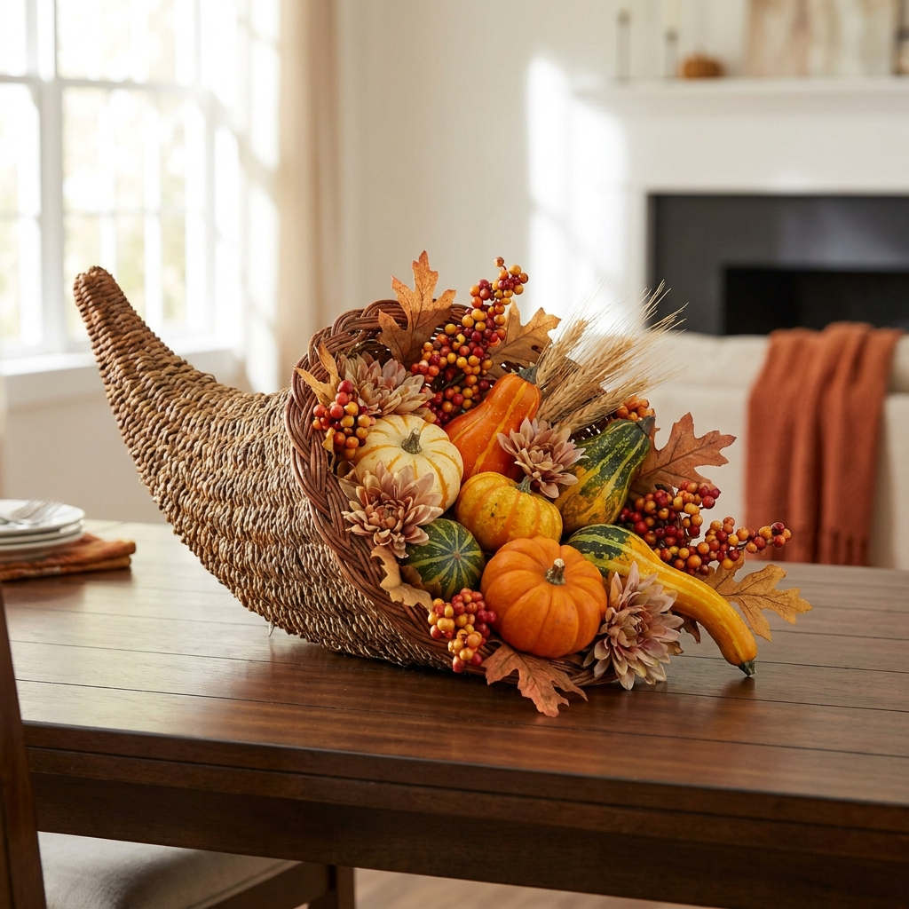 Cornucopia Harvest Centerpiece with mini pumpkins and fall foliage