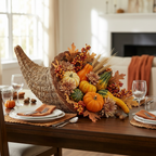 Cornucopia Harvest Centerpiece styled on a rustic dining table