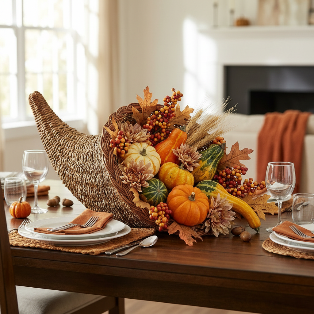 Cornucopia Harvest Centerpiece styled on a rustic dining table