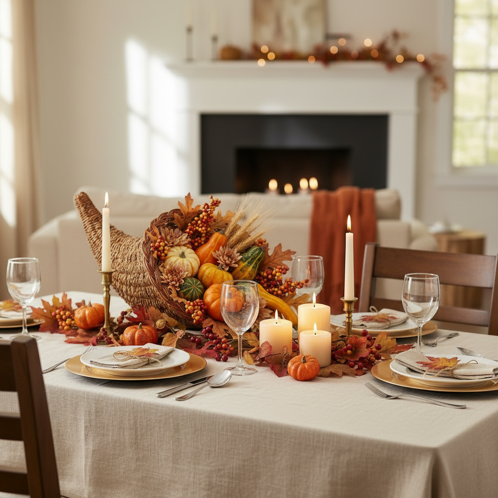 Cornucopia Harvest Centerpiece on a set Thanksgiving table