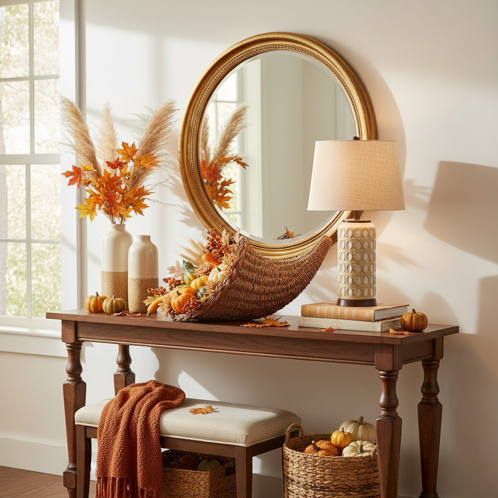 Cornucopia Harvest Centerpiece displayed on an entryway console table