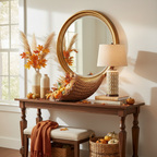 Cornucopia Harvest Centerpiece displayed on an entryway console table