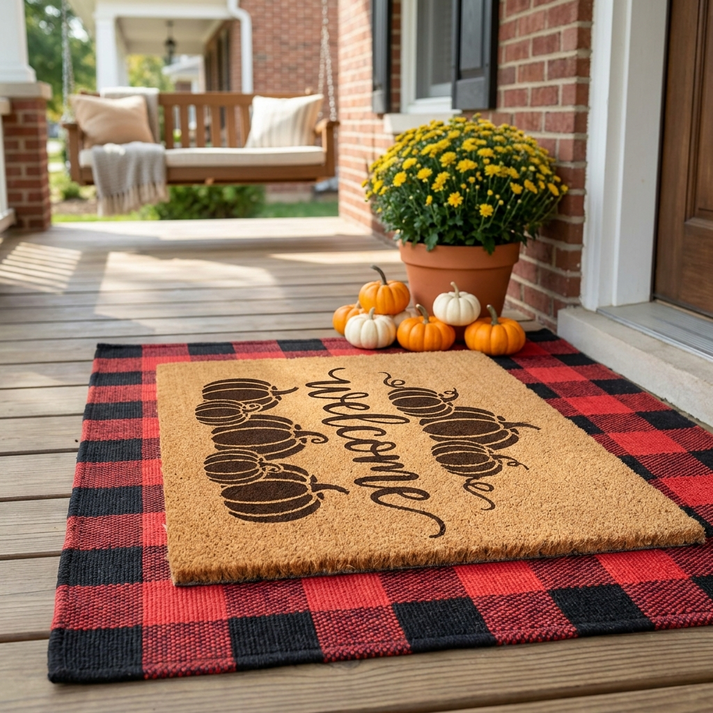 Welcome Fall Layered Doormat styled on a cozy autumn porch