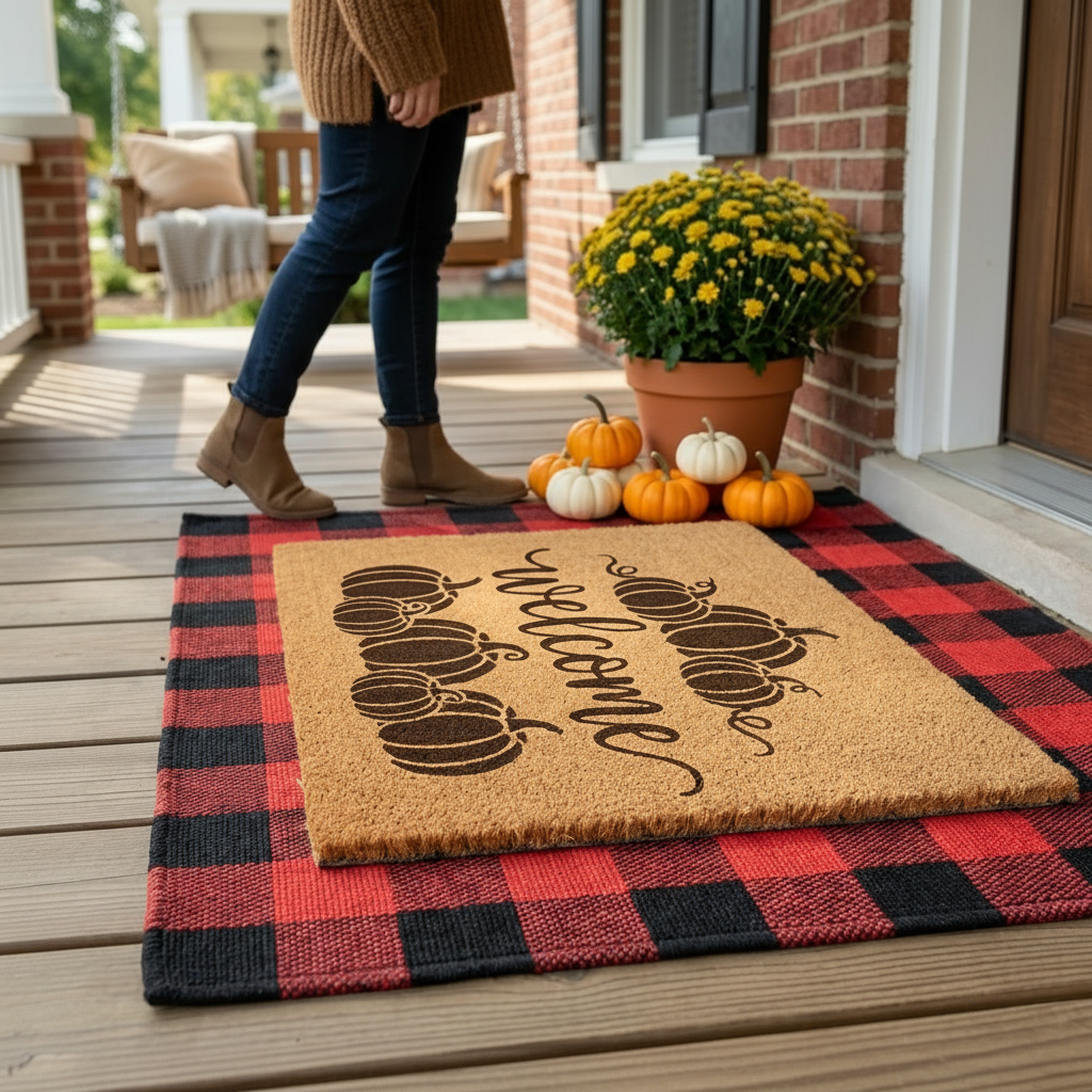 Welcome Fall Layered Doormat at a home entry styled with mums and pumpkins