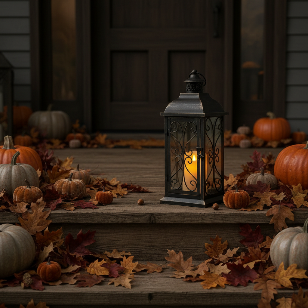 Hollow Glow Halloween Lantern glowing on a porch step at dusk with pumpkins