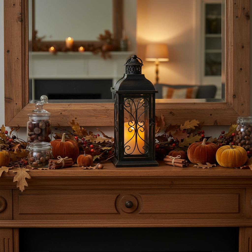Hollow Glow Halloween Lantern displayed on a styled fall mantel
