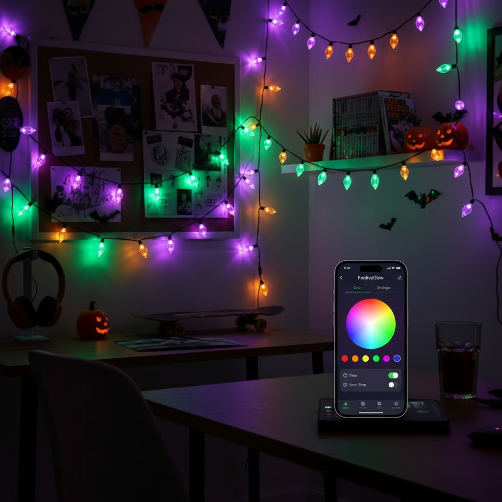 Spectra Halloween LED Lights on a bedroom wall controlled by a smartphone app