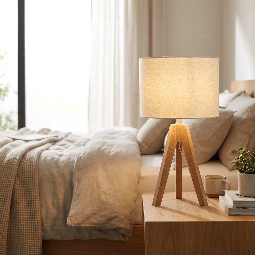 Linnea Tripod Table Lamp with wood legs and linen shade glowing on a nightstand