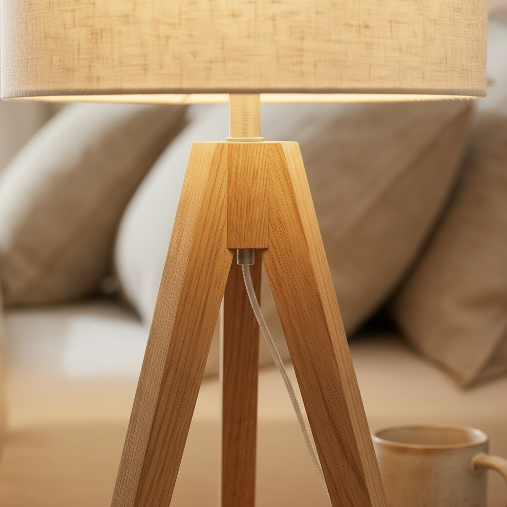 Close-up of the Linnea Tripod Table Lamp wood grain legs and linen shade texture